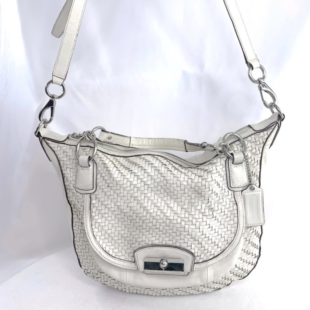 Coach Kristin 19312 White Woven Leather Large Shoulder Bag Purse Latch